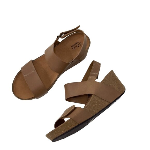 Clarks Womens Auriel Faux Leather Wedge Sandals SZ 9.5M Brown Double Straps - Picture 16 of 16